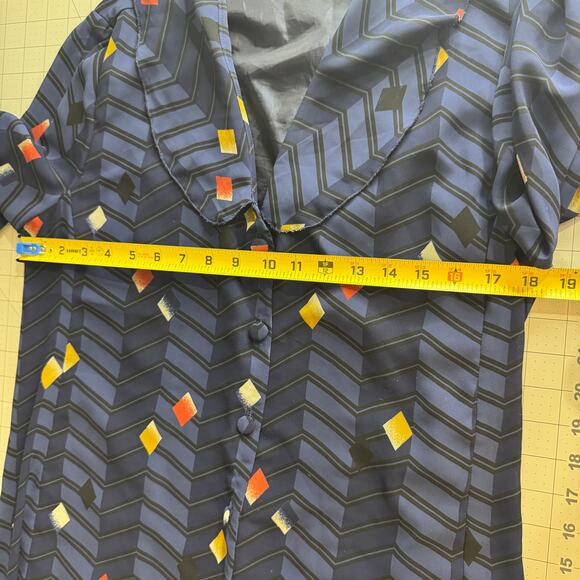 Vintage 80s Geometric Chevron Tunic Blouse Sheer Panels Blue Art Deco Pattern L - Picture 15 of 16